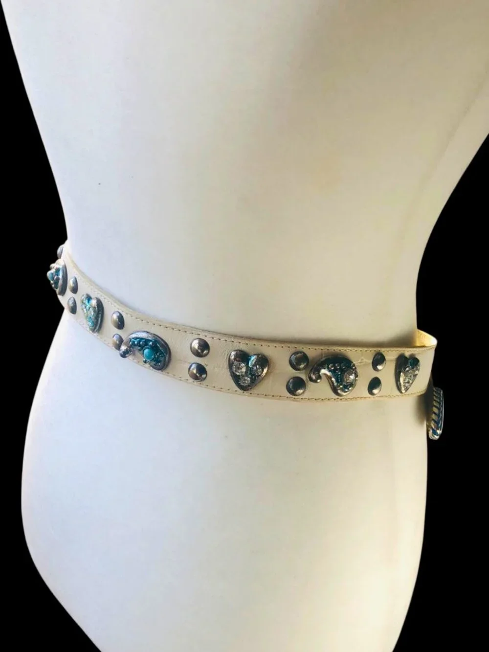 Studded Leather Belt Turquoise Paisley Rhinestone Hearts Embellish Western Chic